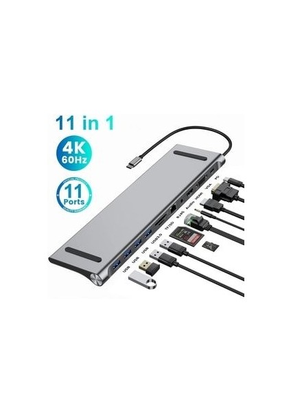 Type C Adaptör 11 In 1 USB Hub HDMI Lan VGA Sd Tf Kart USB Type C Macbook Çevirici