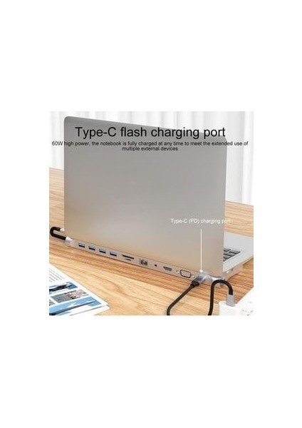 Type C Adaptör 11 In 1 USB Hub HDMI Lan VGA Sd Tf Kart USB Type C Macbook Çevirici