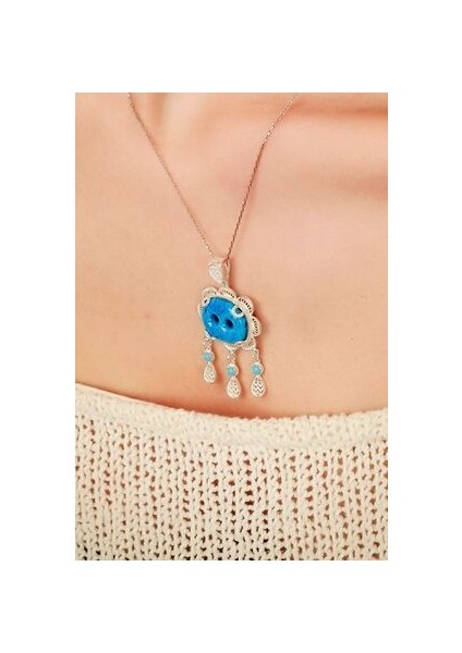 Iki Gözlü Süryani Nazar Boncuğu Model Telkari Gümüş Kolye