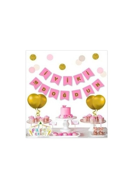 Iyiki Doğdun Banner Pembe Üstüne Gold Altın Sarısı Yaldızlı