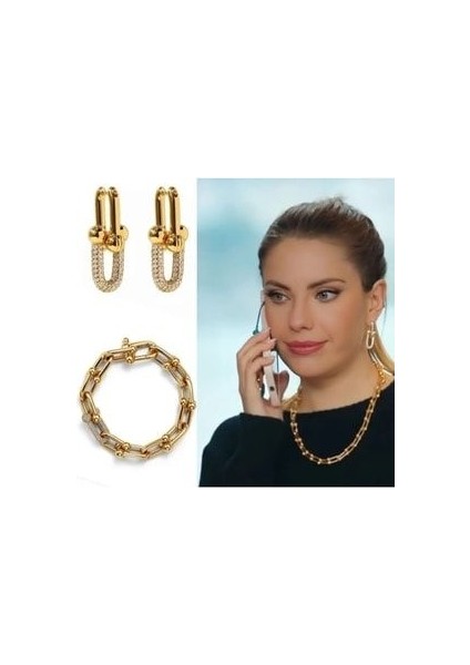 Zirkon Taşlı Altın Kaplama Kolye ve Küpe Seti