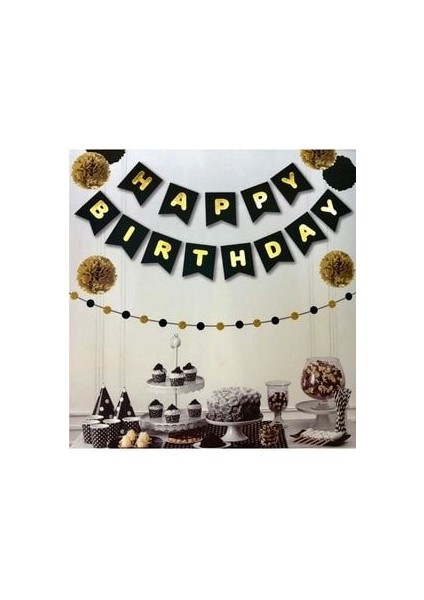 Happy Birthday Banner Siyah Üstüne Gold Altın Sarısı Yaldızlı
