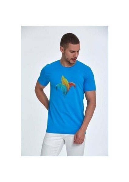Kuş Tüyü Baskılı Pamuklu Erkek Tişört Mavi