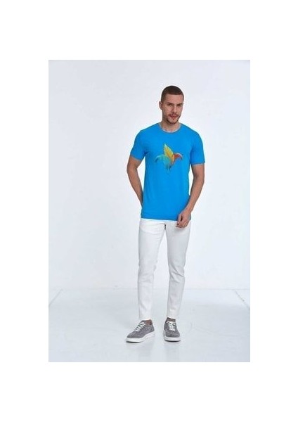 Kuş Tüyü Baskılı Pamuklu Erkek Tişört Mavi fiyatları