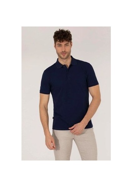 Lacivert Slim Fit Polo Yaka Basic Erkek T-Shirt