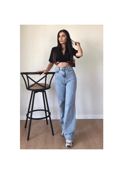 Mandy x Koyu Mavi Kar Yıkama Salaş Palazzo Wideleg Jean Power Likra Kadın Yüksek Bel