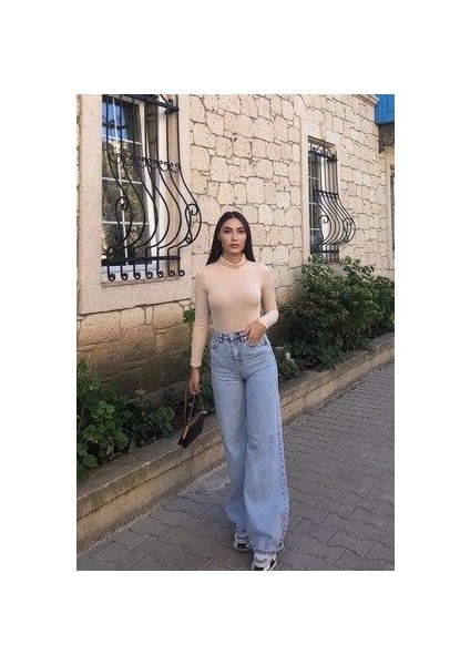 Mandy x Koyu Mavi Kar Yıkama Salaş Palazzo Wideleg Jean Power Likra Kadın Yüksek Bel