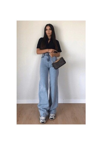 Mandy x Koyu Mavi Kar Yıkama Salaş Palazzo Wideleg Jean Power Likra Kadın Yüksek Bel