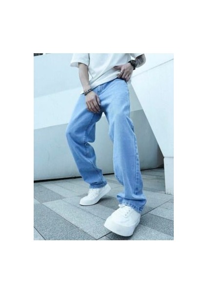 Erkek Baggy Buz Mavisi Jeans Denim Kot Pantolon