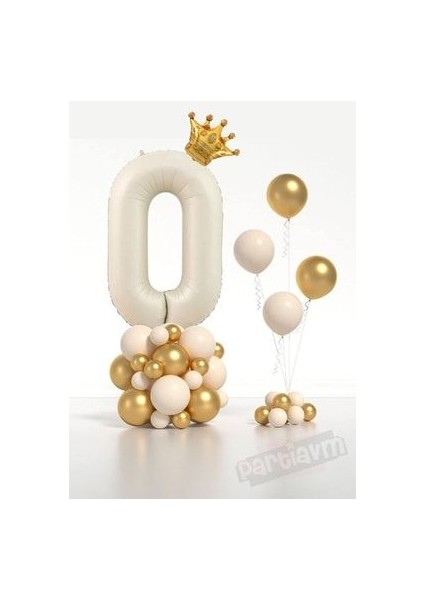 Krem Rakam Balon Taçlı Rakam Folyo Balon Set