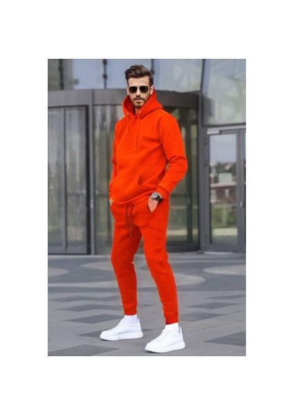 Erkek 3 Iplik Kalın Kışlık Turuncu Eşofman Takımı