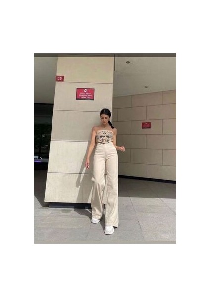Palazzo Bej Trend Bol Paça Yüksek Bel Kadın Kot Pantolon