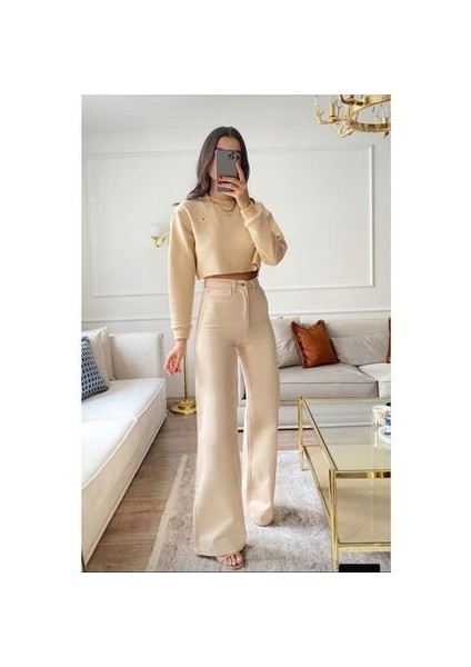 Palazzo Bej Trend Bol Paça Yüksek Bel Kadın Kot Pantolon modelleri