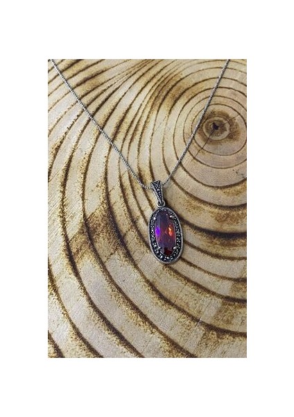 Oval Model Yakut ve Markazit Taşlı Gümüş Kolye fiyatları