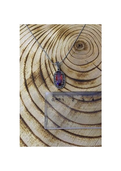 Oval Model Yakut ve Markazit Taşlı Gümüş Kolye modelleri