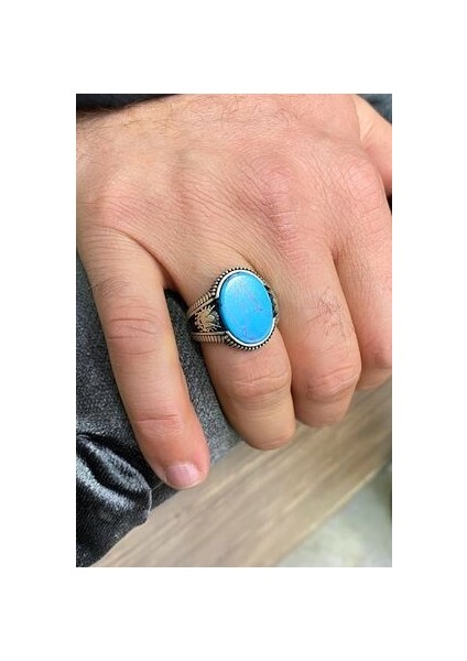 Osmanlı Sancağı Model Turkuaz (Firuze) Taşlı Gümüş Erkek Yüzük