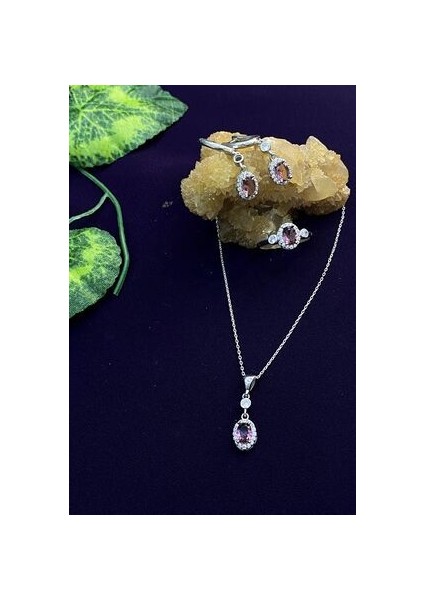 Oval Model Zultanit Taşlı Gümüş Üçlü Set