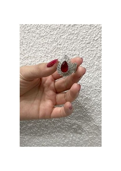 Damla Model Yakut Taşlı Telkari El Işçiliği Gümüş Kadın Yüzük
