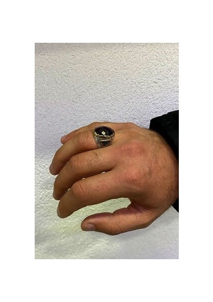 Desen Işlemeli Ametist Taşlı Gümüş Erkek Yüzük