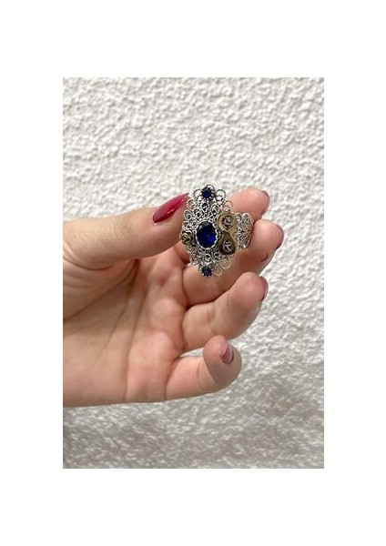 Sonsuzluk Işlemeli Telkari El Işçiliği Safir Taşlı Gümüş Kadın Yüzük fiyatları