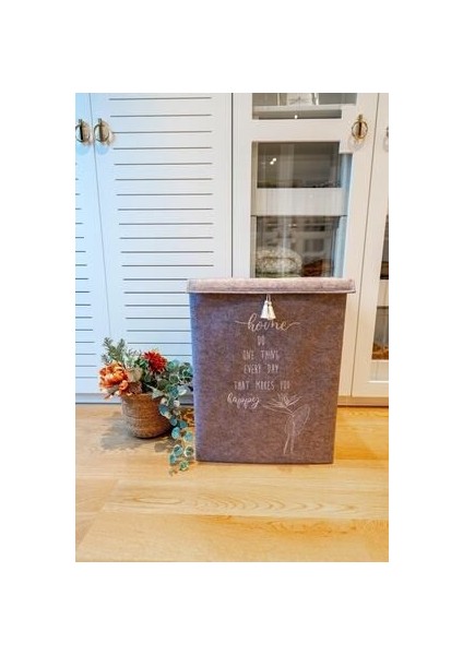 Bej Rengi Keçe Kapaklı Mega Kutu Çamaşır Sepeti Eşya Saklama Kutusu Kahverengi