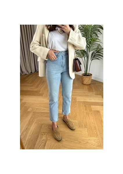 Leo Kadın Yüksek Bel Mavi Kar Yıkama Likralı Mom Jeans Pantolon modelleri