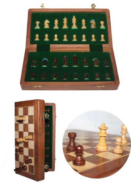 Mıknatıs Taşlı Ahşap Katlanabilir Kutulu Satranç Oyunu 12.5 cm G610