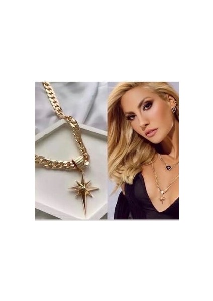 Çağla Şikel Kutup Yıldızı Çelik Gold Kolye Hediye Kutusu ile Gönderilir