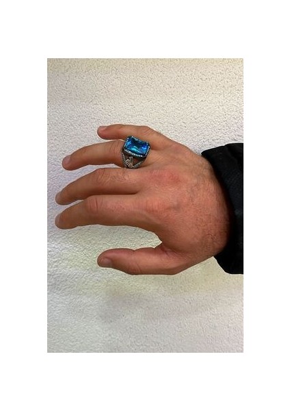 Osmanlı Tuğra Model Aquamarin Taşlı Gümüş Erkek Yüzük