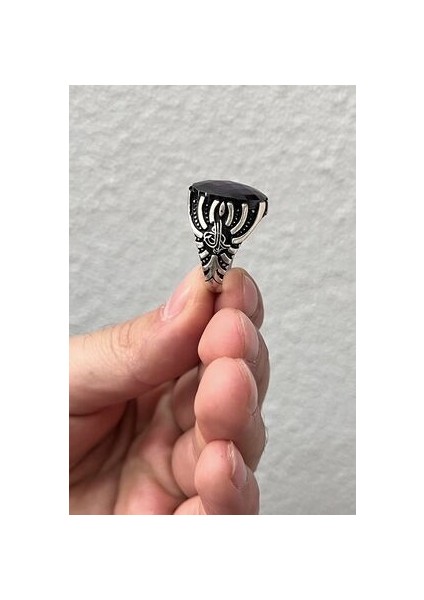 Osmanlı Tuğra Işlemeli Ametist Taşlı 925 Ayar Gümüş Erkek Yüzük