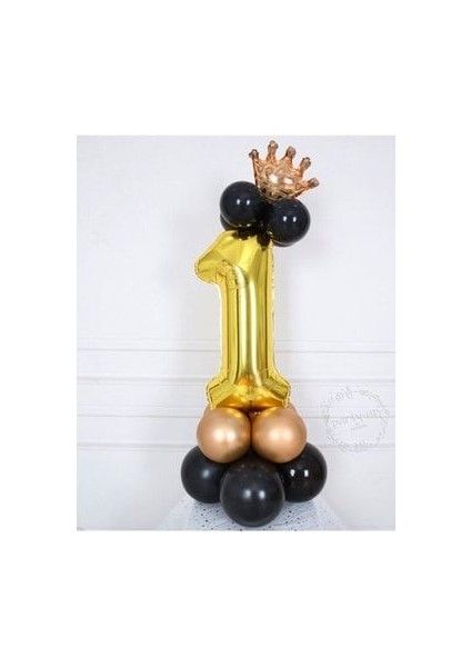 Altın Rakam Balon Karşılama Seti 1 Yaş Siyah Gold Renkleri Altın Taçlı 1 Rakamlı Balon