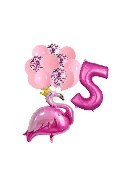 Flamingo Tema Fuşya Rakam Balon Fuşya Pullu Şeffaf Balon Buketi