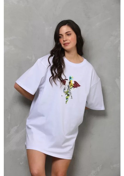 Üçay Bisiklet Yaka Baskılı Oversize T-Shirt Beyaz