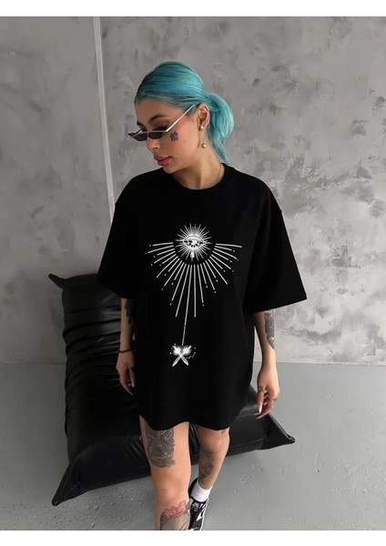 Üçay Bisiklet Yaka Baskılı Oversize T-Shirt Siyah