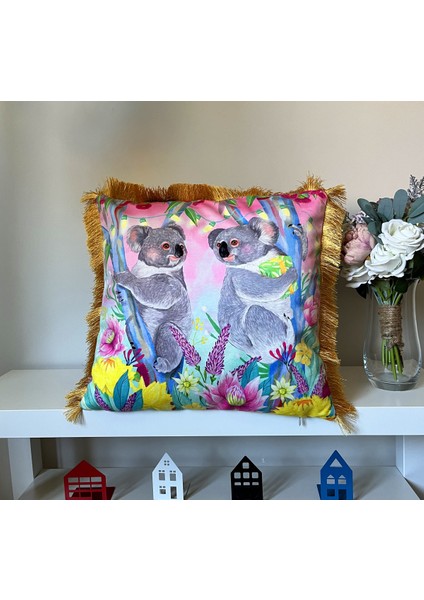 Sevimli Koalalar Sulu Boya Desenli Dijital Baskılı Kadife Kırlent Kılıfı Saçaklı