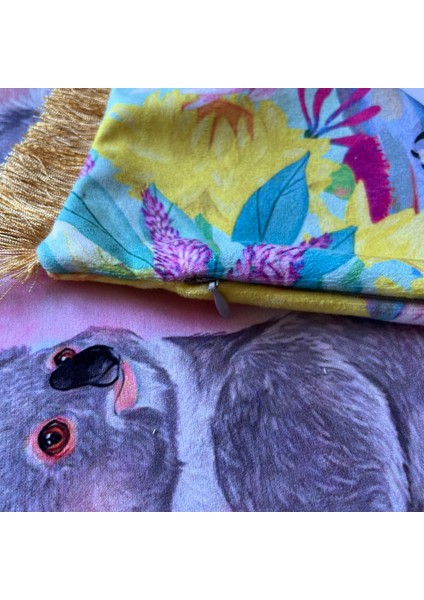 Sevimli Koalalar Sulu Boya Desenli Dijital Baskılı Kadife Kırlent Kılıfı Saçaklı modelleri