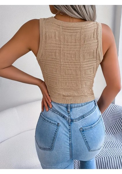 Üçay Moda Kadın Kolsuz Bisiklet Yaka Güpüs Dekolteli Triko Crop Bluz