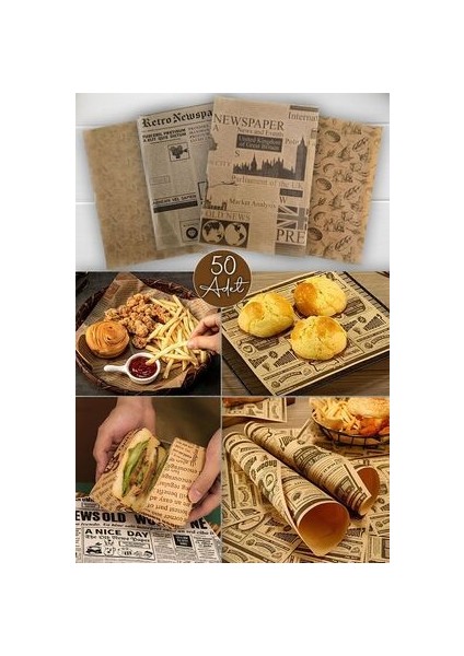 50 Adet Kendinden Desenli Yağlı Kağıt | Vintage Gazete Desen Servis ve Sunum Kağıdı | Karışık Desen modelleri