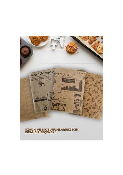 50 Adet Kendinden Desenli Yağlı Kağıt | Vintage Gazete Desen Servis ve Sunum Kağıdı | Karışık Desen fırsatları