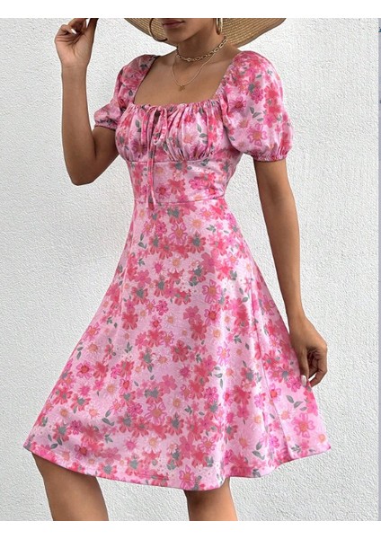 Üçaymoda Kadın Kısa Kollu Mini Çiçek Baskılı Bağcık Detay Süprem Midi Boy Elbise