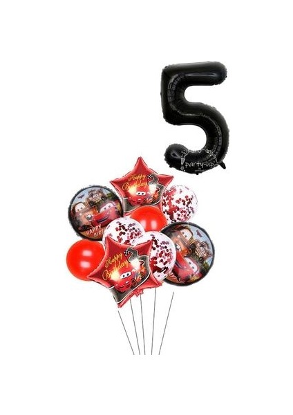 5 Yaş Siyah Rakam Balonlu Şimşek Mcqueen Balon Seti Arabalar (Cars) Konfetili Şeffaf Balon