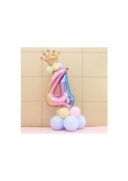 Unicorn Tema Rakam Balon Karşılama Seti 4 Yaş Gökkuşağı Renkleri Altın Taçlı 4 Rakamlı Balon