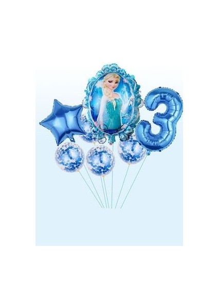 Frozen Elsa Mavi Renk Rakamlı Balon Seti Konfetili Şeffaf Balonlu Karlar Kraliçesi Balon Seti