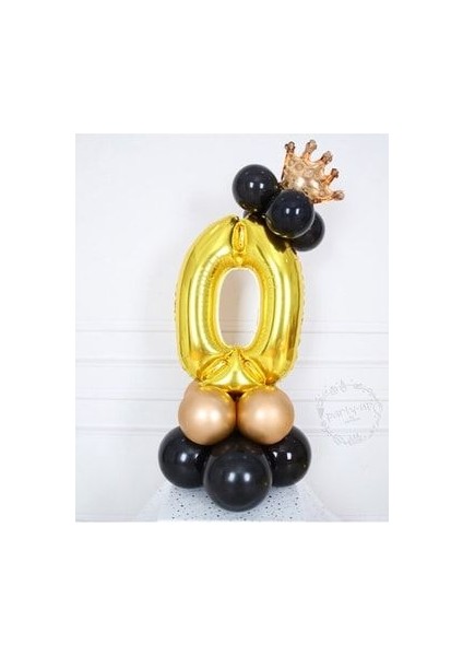 Altın Rakam Balon Karşılama Seti 0 Yaş Siyah Gold Renkleri Altın Taçlı 0 Rakamlı Balon