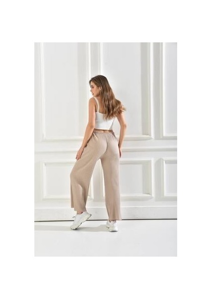 Kadın Ribana Kumaş Fitilli Pantolon Bej modelleri