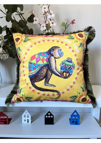 Dekoratif Çin Stili Maymun Desenli Dijital Baskılı Kadife Kırlent Kılıfı Saçaklı fiyatları