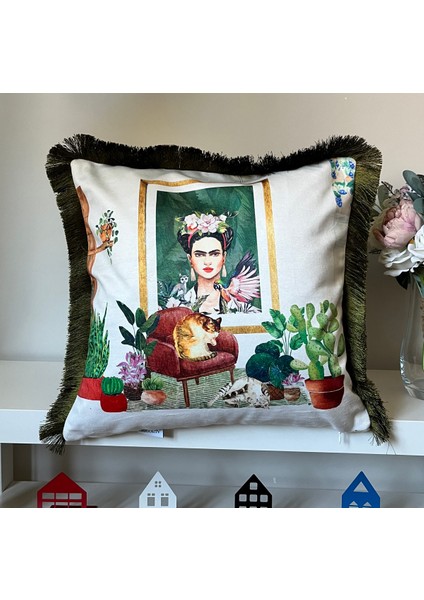 Sulu Boya Şirin Kedicik ve Meksikalı Kadın Portresi Desenli Dijital Baskılı Kadife Kırlent Kılıfı