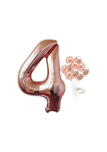 Büyük Rakam Balon Rose Gold 4 Yaş + Konfeti Pullu Şeffaf Balon ve Metalik Rose Gold Balon