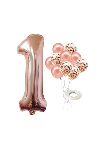 Büyük Rakam Balon Rose Gold 1 Yaş + Konfeti Pullu Şeffaf Balon ve Metalik Rose Gold Balon Hediyeli