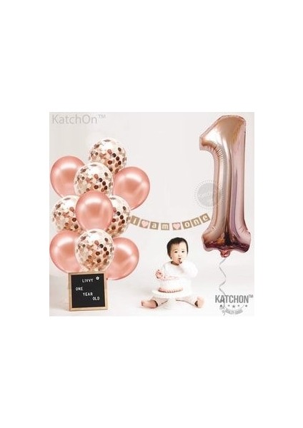 Büyük Rakam Balon Rose Gold 1 Yaş + Konfeti Pullu Şeffaf Balon ve Metalik Rose Gold Balon Hediyeli indirimleri
